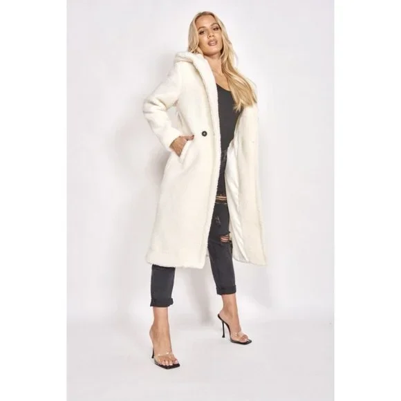 1 DAY SALE! Long Sleeve Hoodie Hooded Long Maxi Borg Teddy Bear Fur Coat - Picture 13 of 15